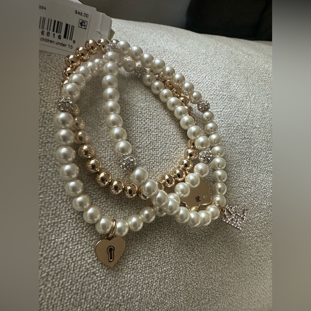Karl Lagerfeld Faux Pearl & Gold tone 3pc Stretch Charmed Bracelet Set NWT - Picture 8 of 10